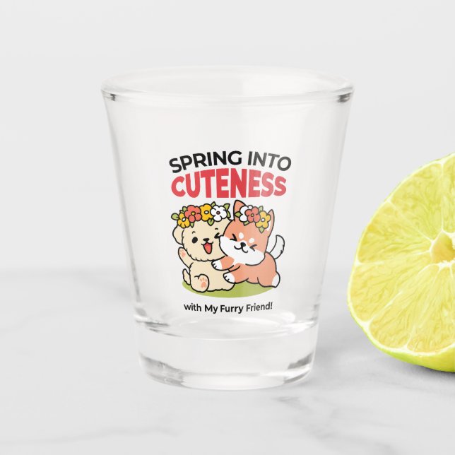 Spring Into Cuteness – Adorable Dog Illustration  Shot Glass (Front)