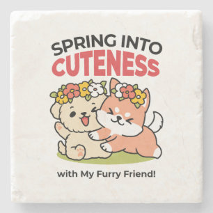 Spring Into Cuteness – Adorable Dog Illustration Stone Coaster