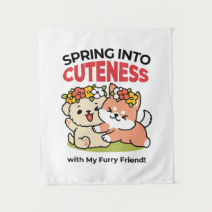 Spring Into Cuteness – Adorable Dog Illustration Tapestry