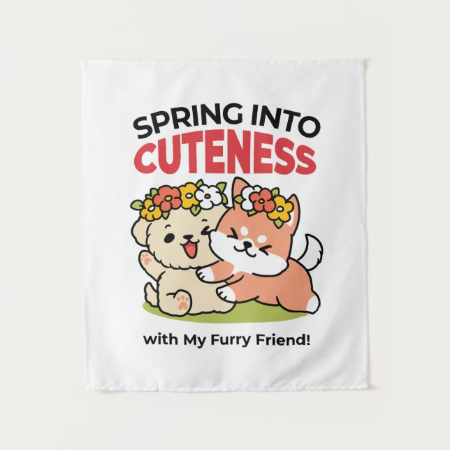 Spring Into Cuteness – Adorable Dog Illustration  Tapestry (Front)