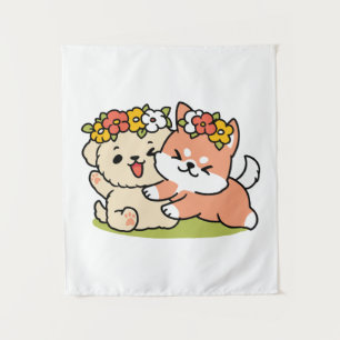 Spring Into Cuteness – Adorable Dog Illustration Tapestry