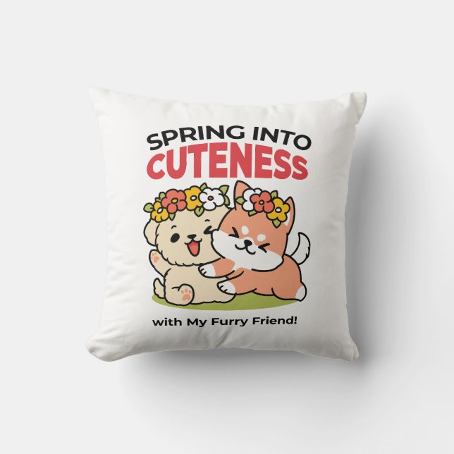 Spring Into Cuteness – Adorable Dog Illustration  Throw Pillow (Front)