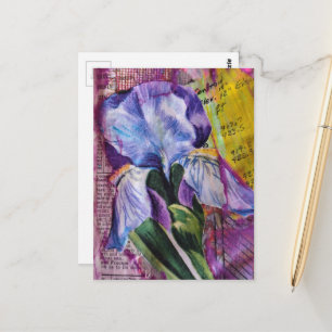 Spring Iris Flower mixed media collage Postcard