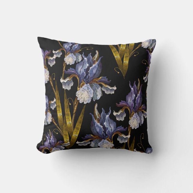 Spring Irises: Embroidery Renaissance Art Throw Pillow (Front)