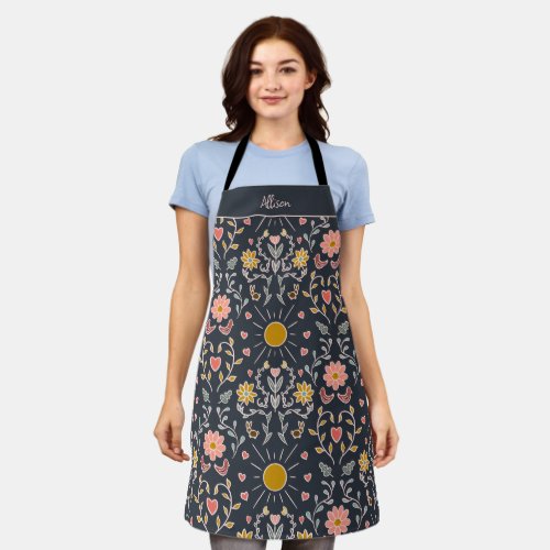 Spring is Here Dark Blue Monogram Add Your Name Apron