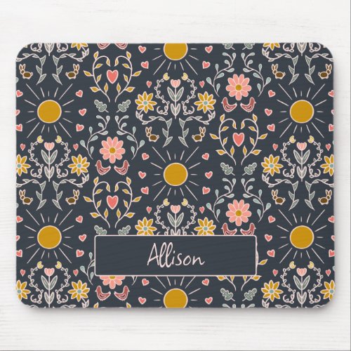 Spring is Here Dark Blue Monogram Add Your Name Mouse Pad