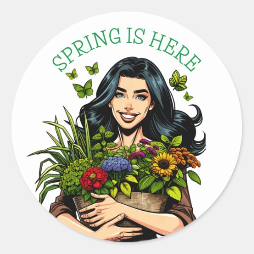 Spring is Here  Lady with Armful of Plants Classic Round Sticker