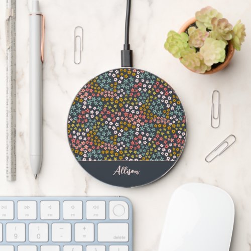 Spring is Here Navy Blue Monogram Add Your Name Wireless Charger