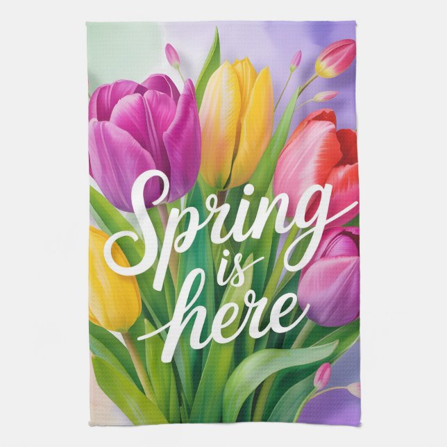 "Spring is Here" Tulip Bouquet Illustration Kitchen Towel (Vertical)