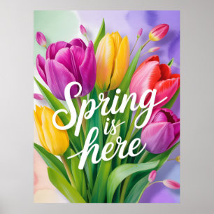 "Spring is Here" Tulip Bouquet Illustration Poster