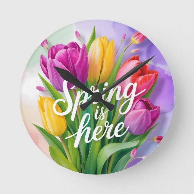 "Spring is Here" Tulip Bouquet Illustration Round Clock (Front)