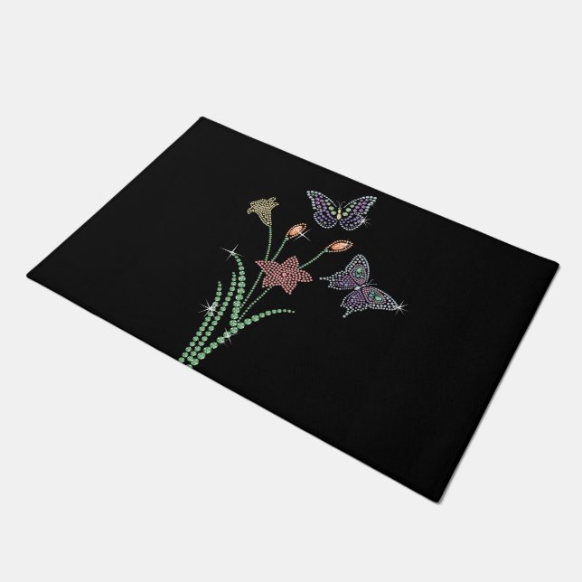 Spring Jeweled Flowers Rhinestone Butterfly Doormat (Angled)
