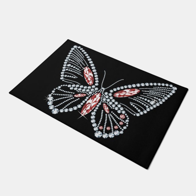 Spring Jeweled Red Rhinestone Butterfly Doormat (Angled)