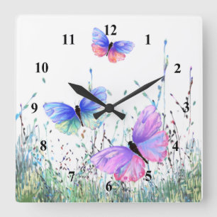 Spring Joy - Colorful Butterflies Flying in Nature Square Wall Clock