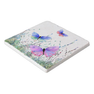 Spring Joy - Colorful Butterflies Flying in Nature Trivet