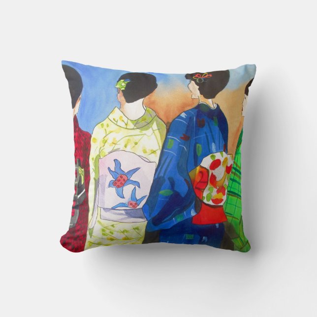 Spring Kimono Geisha Japanese Art Throw Pillow (Front)