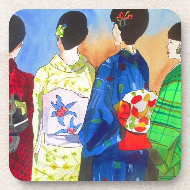 Spring kimono Japanese Geisha art Beverage Coaster (Front)