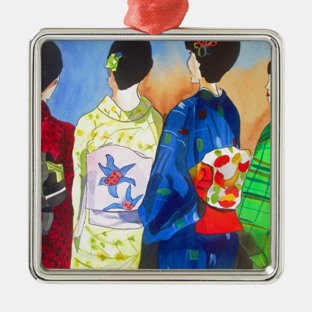 Spring kimono Japanese Geisha art Metal Ornament (Front)