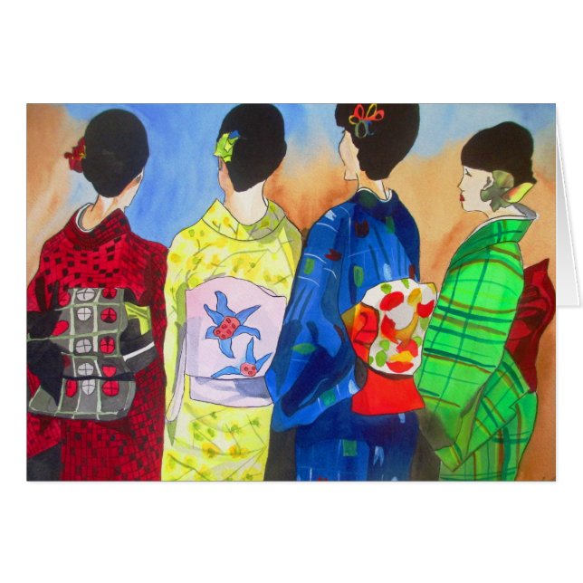 Spring Kimono Japanese Geisha watercolor art (Front Horizontal)