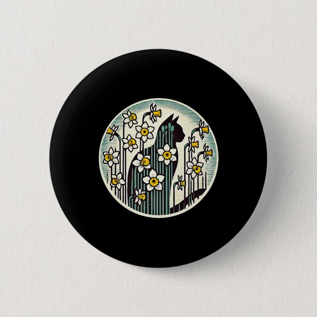 Spring Kitty Cat Illustration Daffodil Cats Easter Button (Front)