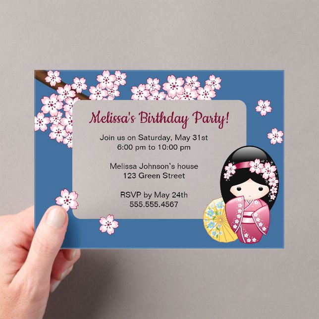 Spring Kokeshi Blue Transparent Window Birthday Acrylic Invitations (Insitu (Handheld))