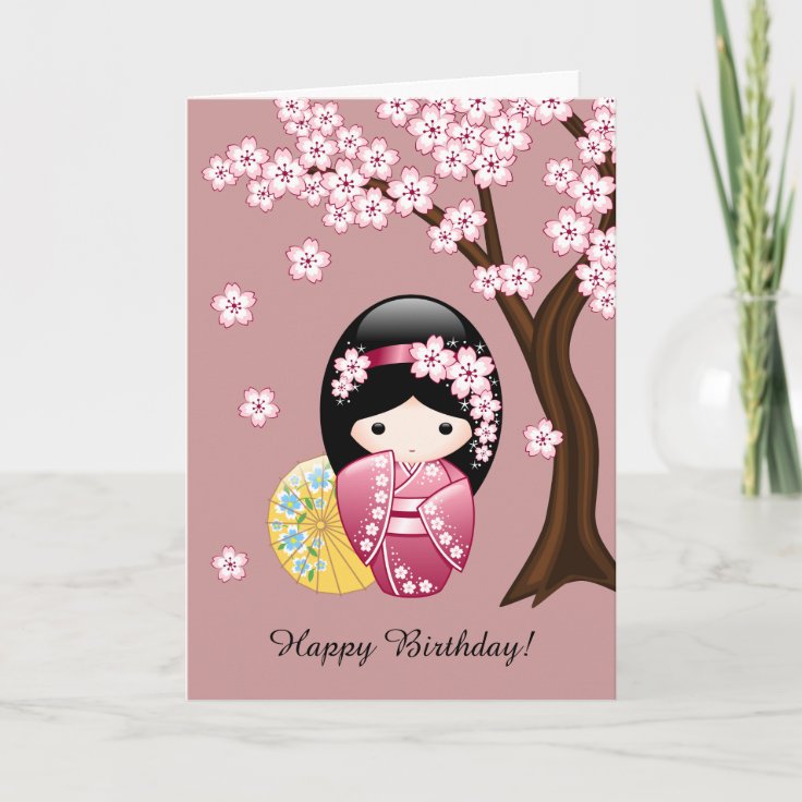 Spring Kokeshi Doll — Cute Geisha Birthday Card | Zazzle