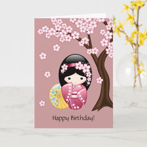 Spring Kokeshi Doll _ Cute Geisha Birthday Card