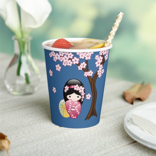 Spring Kokeshi Doll _ Cute Geisha Girl on Blue Paper Cups