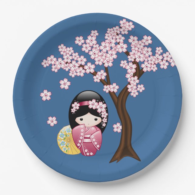 Spring Kokeshi Doll - Cute Geisha Girl on Blue Paper Plates (Front)