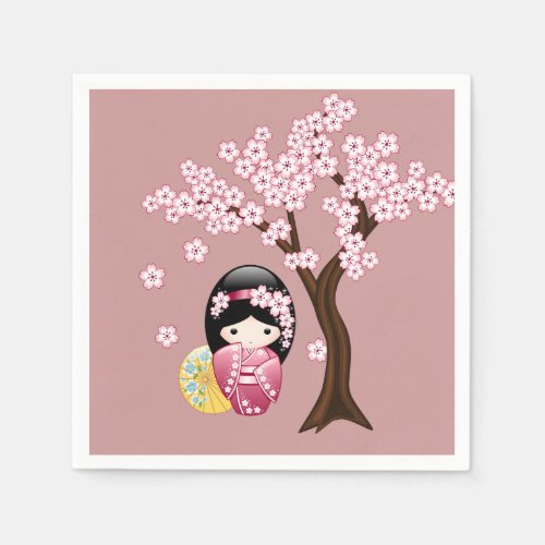 Spring Kokeshi Doll _ Cute Geisha Girl on Pink Napkins