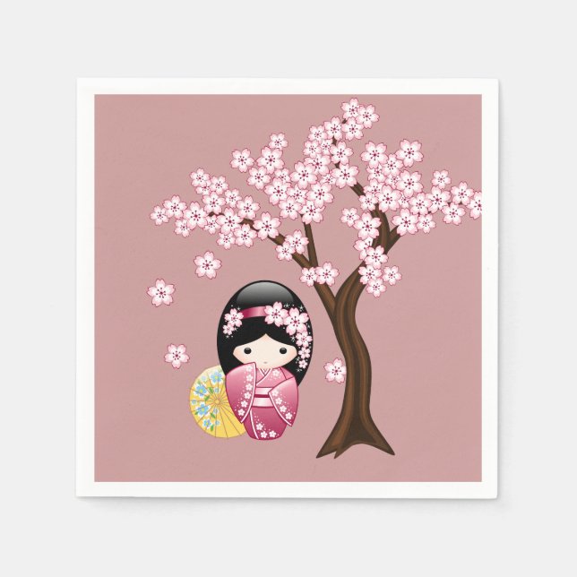 Spring Kokeshi Doll - Cute Geisha Girl on Pink Napkins (Front)