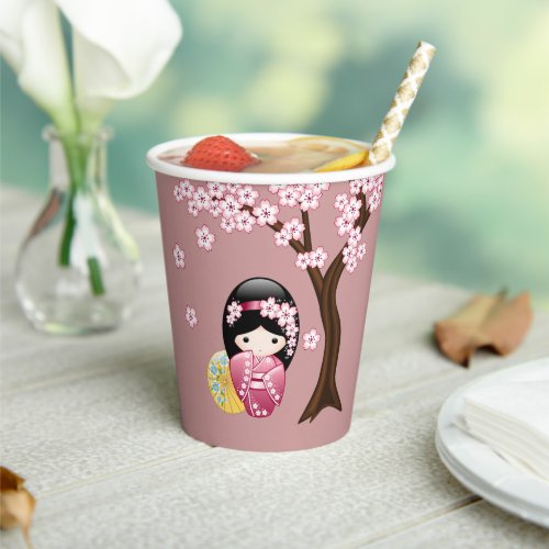 Spring Kokeshi Doll _ Cute Geisha Girl on Pink Paper Cups