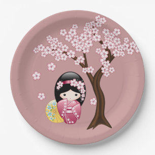 Spring Kokeshi Doll - Cute Geisha Girl on Pink Paper Plates