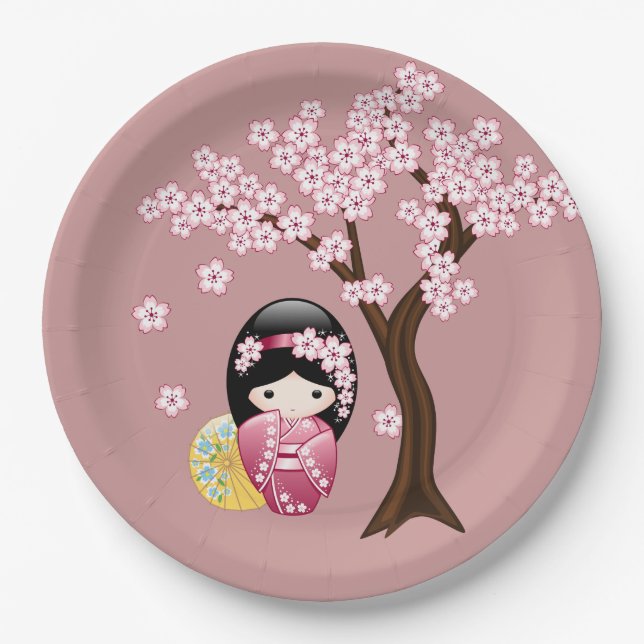 Spring Kokeshi Doll - Cute Geisha Girl on Pink Paper Plates (Front)