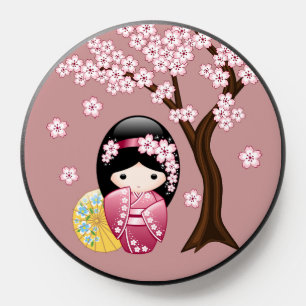 Spring Kokeshi Doll - Cute Geisha Girl on Pink PopSocket