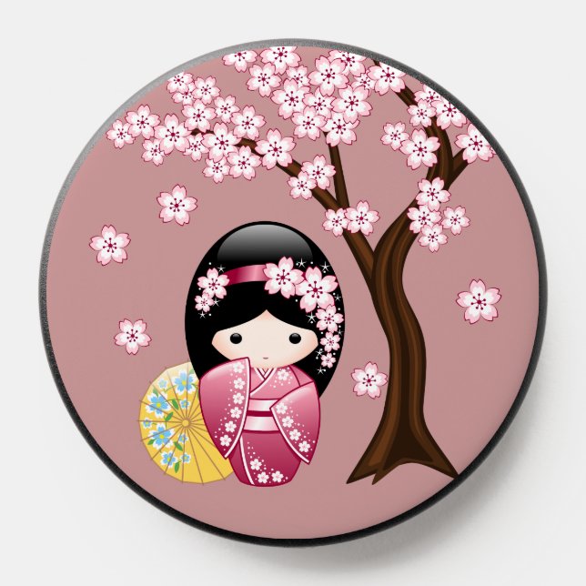 Spring Kokeshi Doll - Cute Geisha Girl on Pink PopSocket (Popsocket)