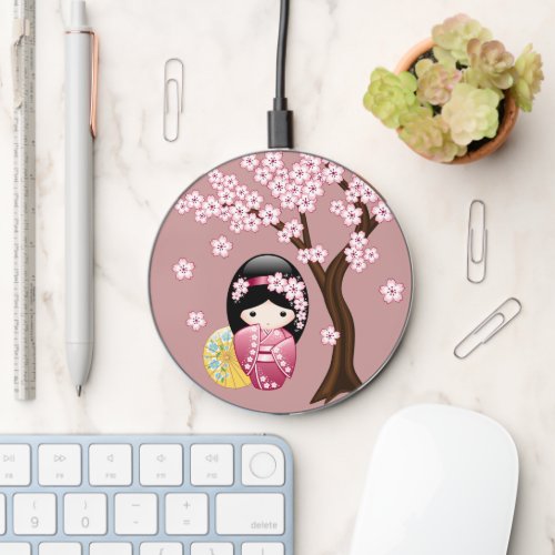 Spring Kokeshi Doll _ Cute Geisha Girl on Pink Wireless Charger
