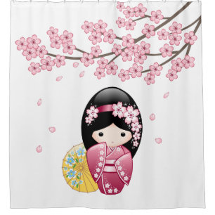 Spring Kokeshi Doll Cute Geisha Girl Shower Curtain