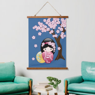 Spring Kokeshi Doll - Cute Japanese Geisha Blue Hanging Tapestry
