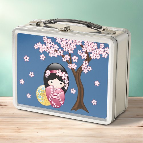 Spring Kokeshi Doll _ Cute Japanese Geisha Blue Metal Lunch Box