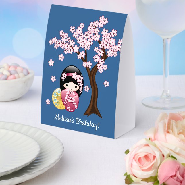 Spring Kokeshi Doll Cute Japanese Geisha Blue Paper Table Tent (Insitu(Wedding))