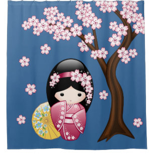 Spring Kokeshi Doll Cute Japanese Geisha Girl Blue Shower Curtain