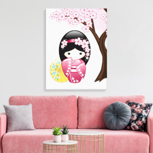 Spring Kokeshi Doll - Cute Japanese Geisha Girl Canvas Print