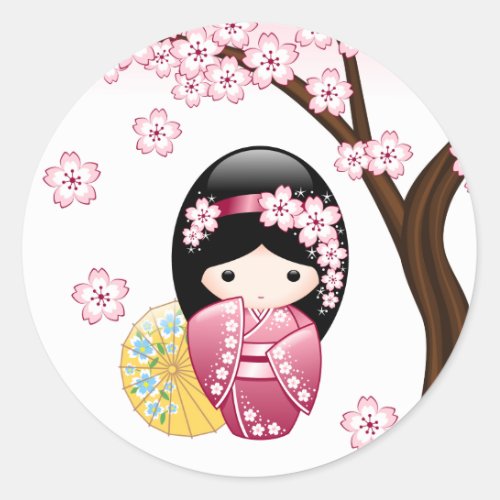 Spring Kokeshi Doll _ Cute Japanese Geisha Girl Classic Round Sticker
