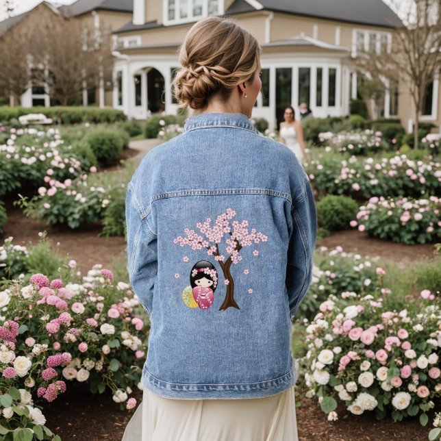 Spring Kokeshi Doll - Cute Japanese Geisha Girl Denim Jacket (Wedding Back)