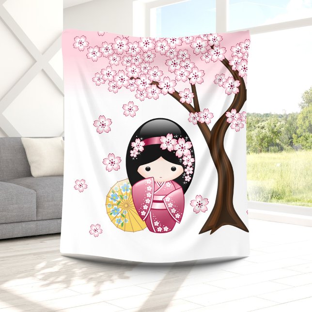 Spring Kokeshi Doll - Cute Japanese Geisha Girl Fleece Blanket (Creator Uploaded)