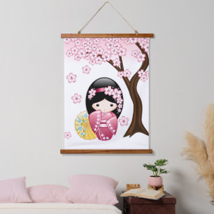 Spring Kokeshi Doll - Cute Japanese Geisha Girl Hanging Tapestry