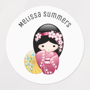 Spring Kokeshi Doll - Cute Japanese Geisha Girl Kids' Labels