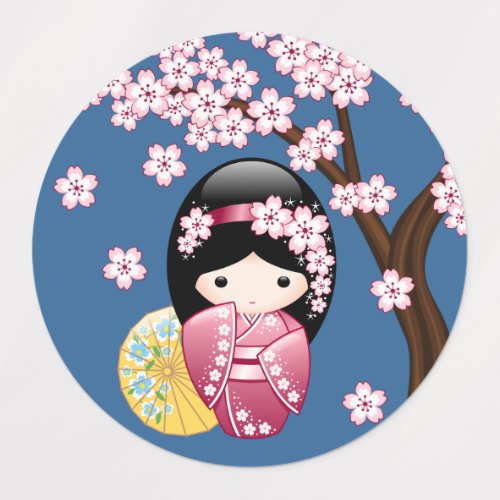 Spring Kokeshi Doll _ Cute Japanese Geisha Girl Kids Labels