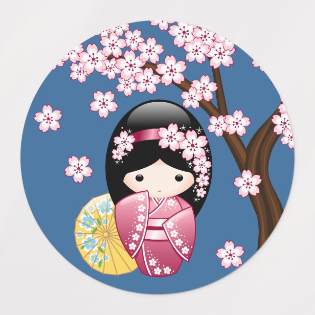 Spring Kokeshi Doll - Cute Japanese Geisha Girl Kids' Labels (Design 1)